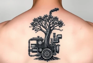 tree growing out of a v shaped engine with lots of pipes, guages and steam around the engine 
 with a smoke stack coming out of the top of the tree billowing black smoke with a steam punk vibe tattoo idea