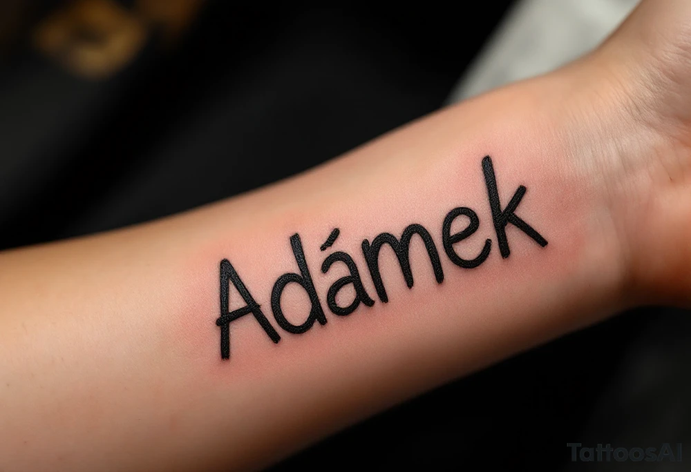 Adámek name written inside a light brown teddy bear, stitched in soft outline style. tattoo idea