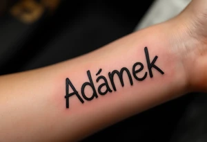Adámek name written inside a light brown teddy bear, stitched in soft outline style. tattoo idea