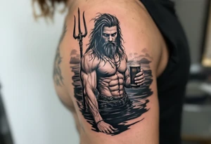 young, fit poseidon in calm water, holding a trident, holding a beer, with bare feet tattoo idea