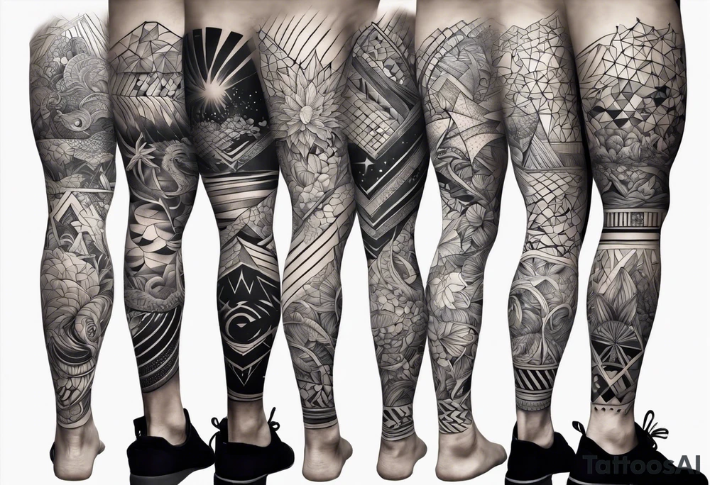 Sea life full leg sleeve male geometric tattoo idea