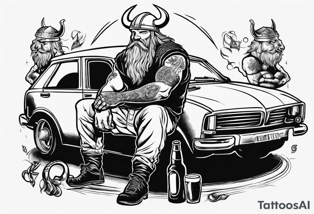 A Viking drinking a beer sitting next to a car tattoo idea A Viking drinking a beer sitting next to a car tattoo idea
