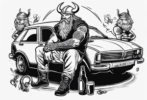 A Viking drinking a beer sitting next to a car tattoo idea