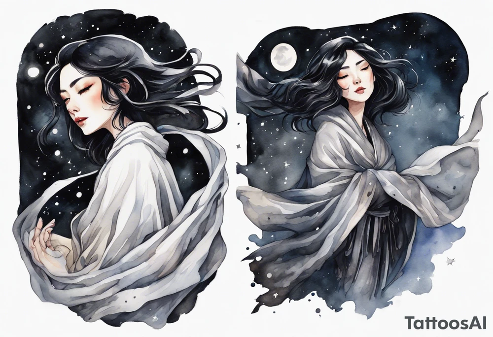 a middle aged woman with black hair with streak of white dressed in a black and silver cloak, floating in the night sky tattoo idea