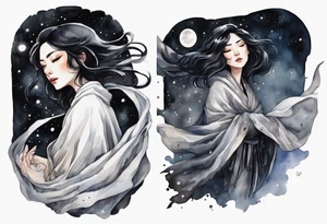 a middle aged woman with black hair with streak of white dressed in a black and silver cloak, floating in the night sky tattoo idea