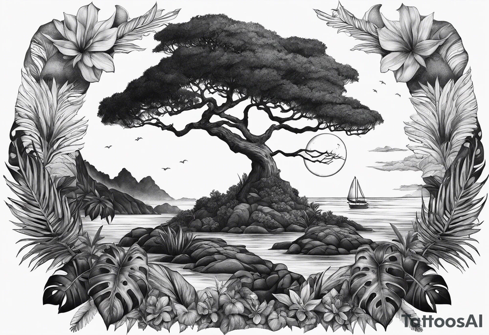 full sleeve, jungle plants, ocean, moon tattoo idea