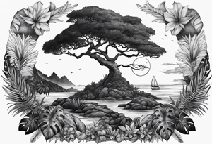 full sleeve, jungle plants, ocean, moon tattoo idea