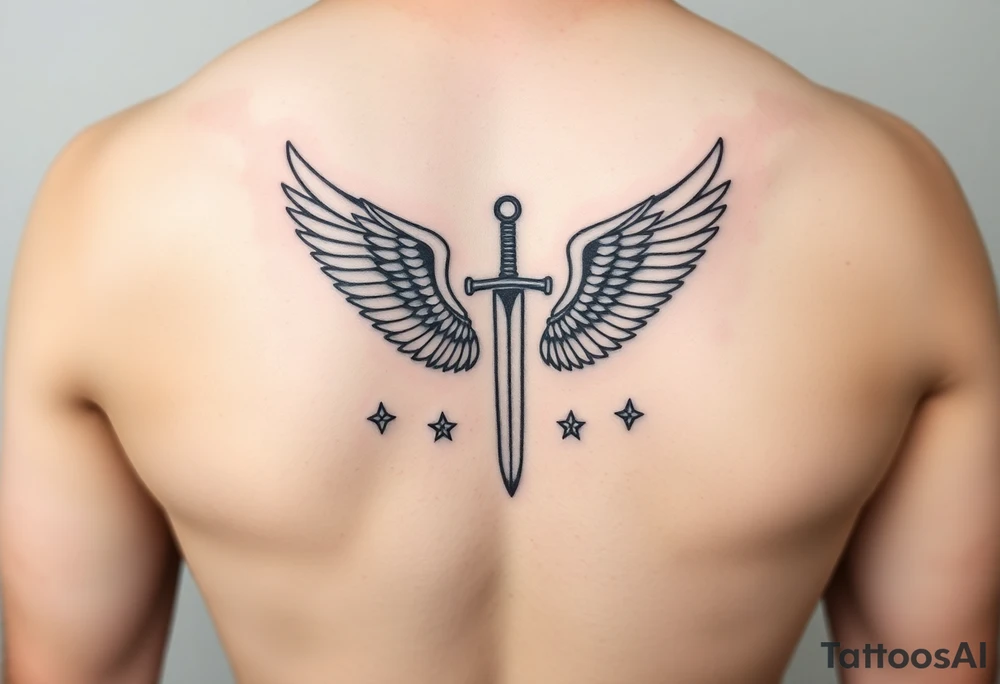 Wings wrapping around sword and diamond shaped stars tattoo idea