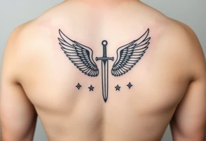 Wings wrapping around sword and diamond shaped stars tattoo idea