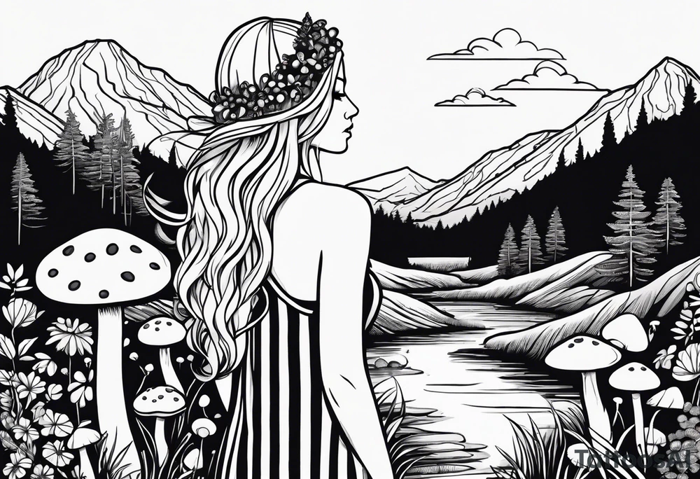 Straight long blonde hair hippie girl in distance holding mushrooms in hand facing away toward mountains and creek surrounded by mushrooms black and white striped dress tattoo idea