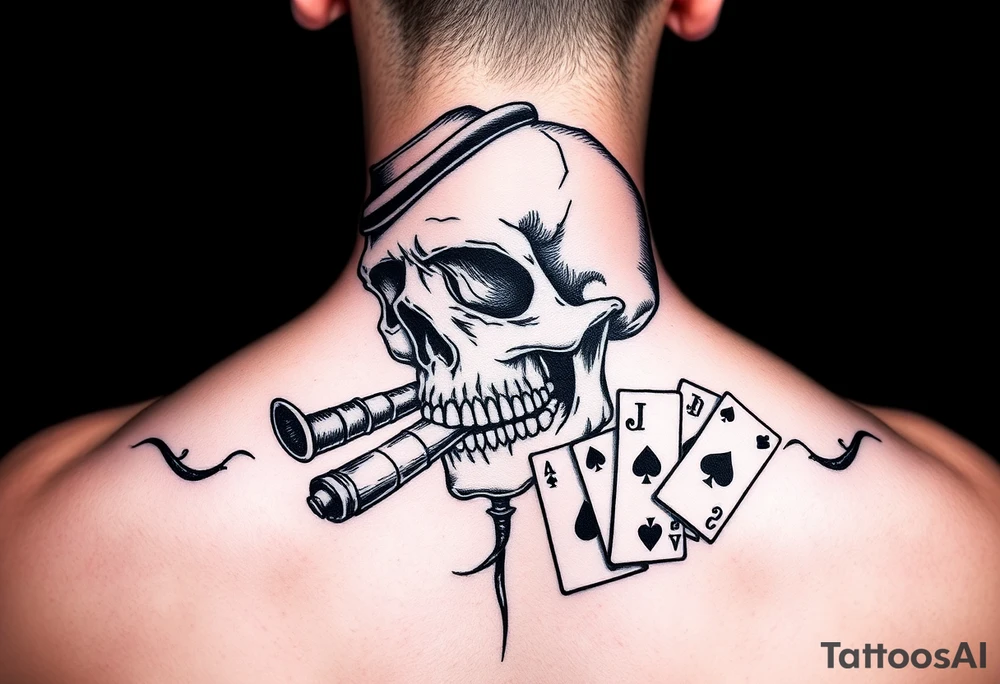 a skull with mustache, a big cigar in his mouth,top-hat on his head and playing cards in a hand. tattoo idea