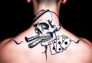a skull with mustache, a big cigar in his mouth,top-hat on his head and playing cards in a hand. tattoo idea