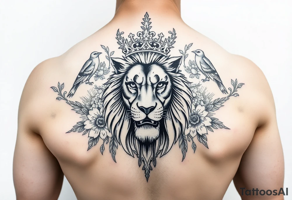 powerful majestic lion with a crown, surrounded by floral ornaments and birds tattoo idea