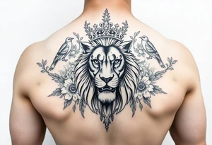 powerful majestic lion with a crown, surrounded by floral ornaments and birds tattoo idea