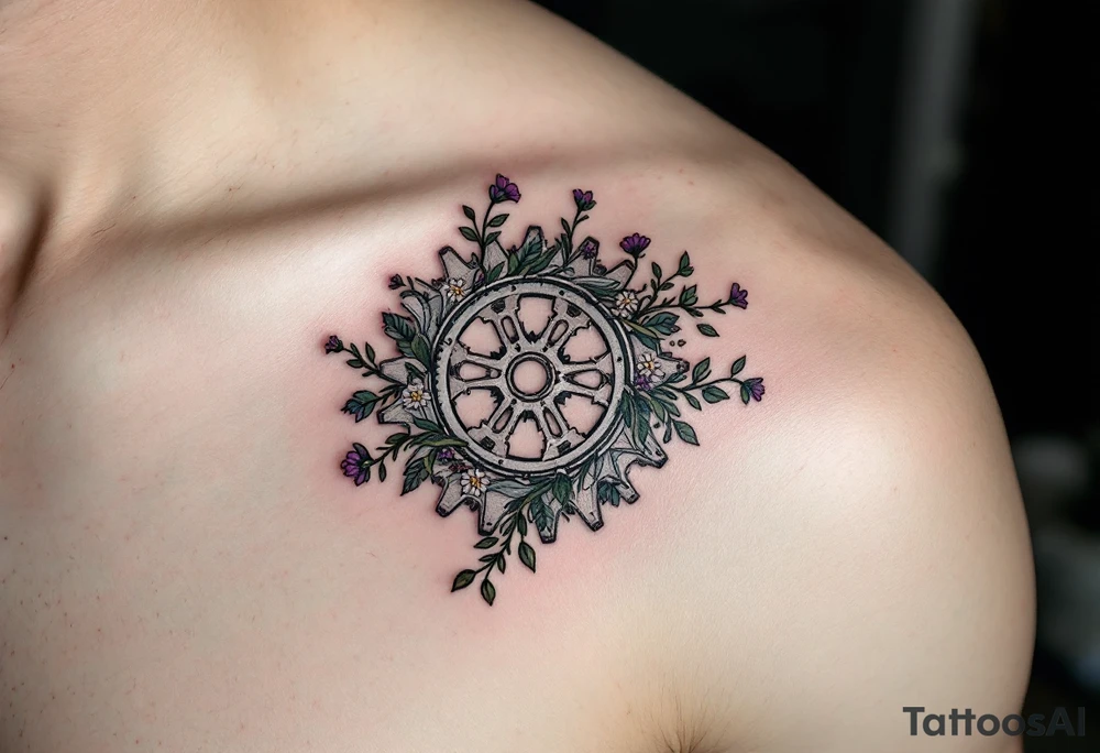 A detailed bicycle gear with intricate teeth, intertwined with vines and small wildflowers, symbolizing strength and connection to nature. The gear would be shaded in metallic silver with pops of green and purple for a fresh look. tattoo idea