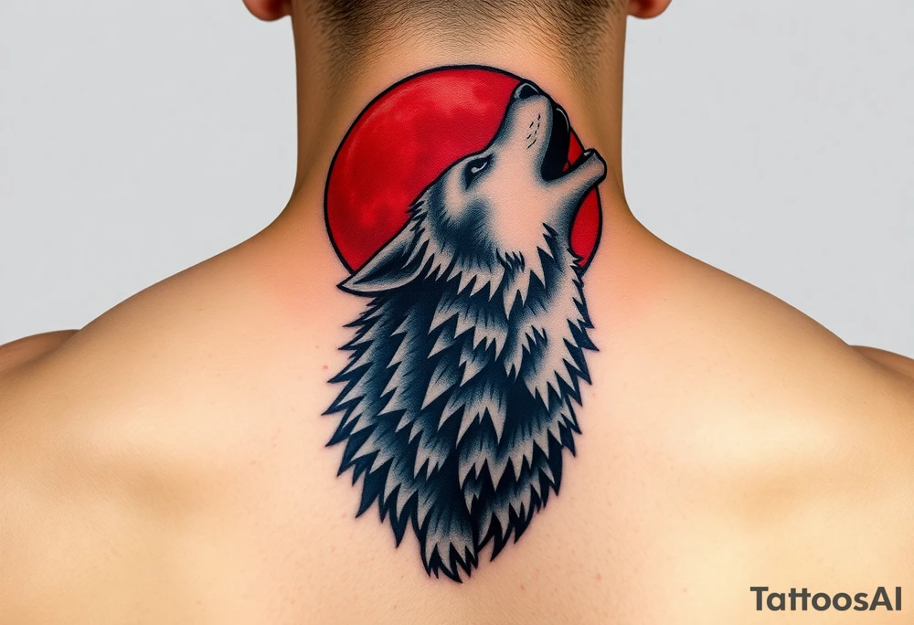 A wolf howling under a blood-red moon, in hues of dark red, black, and silver, symbolizing power and primal energy tattoo idea