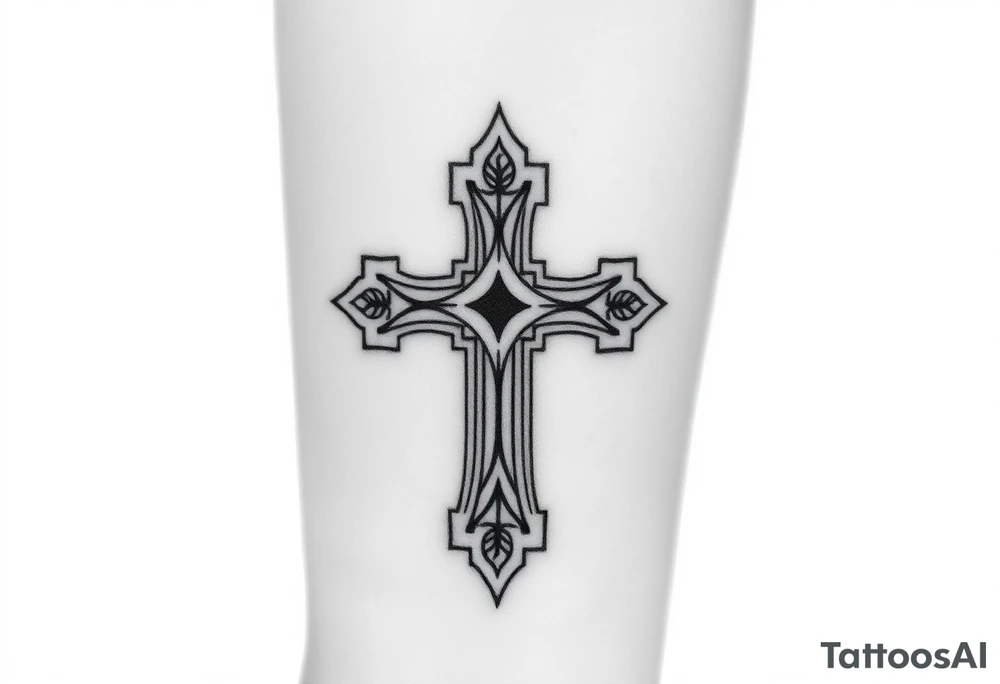 A sleek, minimalist  reversed cross, featuring intricate engravings of ancient symbols along the edges. tattoo idea