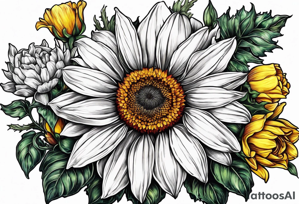 Sunflower daffodil, daisy, rose Adler, chrysanthemum, holly tattoo idea