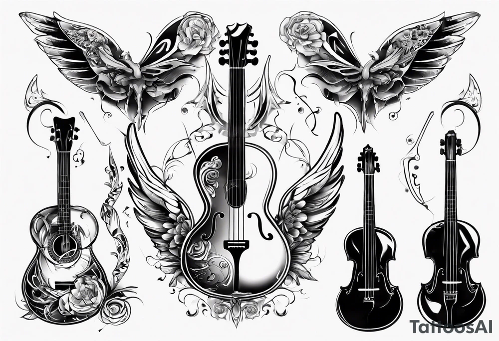 ACOUSTIC GUITAR AND VIOLIN WITH WINGS tattoo idea