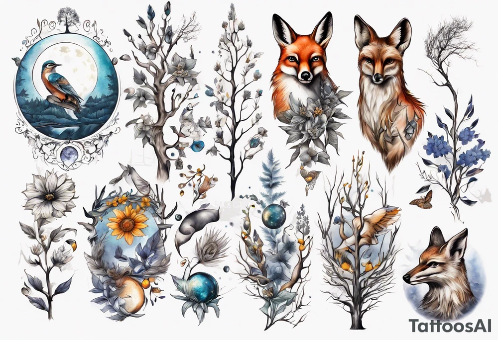 wasser, sonne, mond, fuchs, eule kolibri, wald, hirsch, blume des lebens, 
baum, berlin tattoo idea