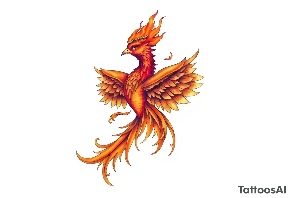 large fiery phoenix surrounded by fire. with a crown of fire flapping wings with a flaming tail tattoo idea