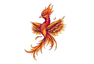 large fiery phoenix surrounded by fire. with a crown of fire flapping wings with a flaming tail tattoo idea