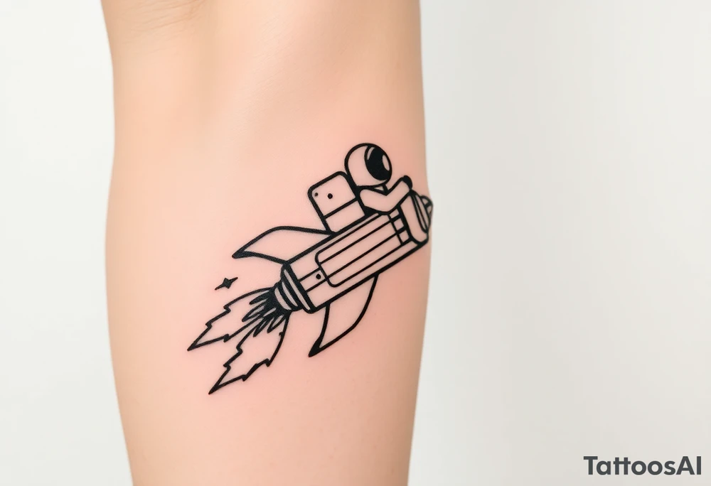 rocket ship with duct tape and sparks coming out the back  with astronaut riding it tattoo idea