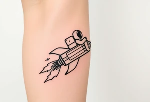 rocket ship with duct tape and sparks coming out the back  with astronaut riding it tattoo idea