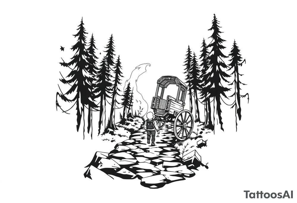 A boy walking up a forest path, DnD inspired, broken down carriage, tavern, glowing tunnel tattoo idea