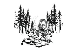 A boy walking up a forest path, DnD inspired, broken down carriage, tavern, glowing tunnel tattoo idea
