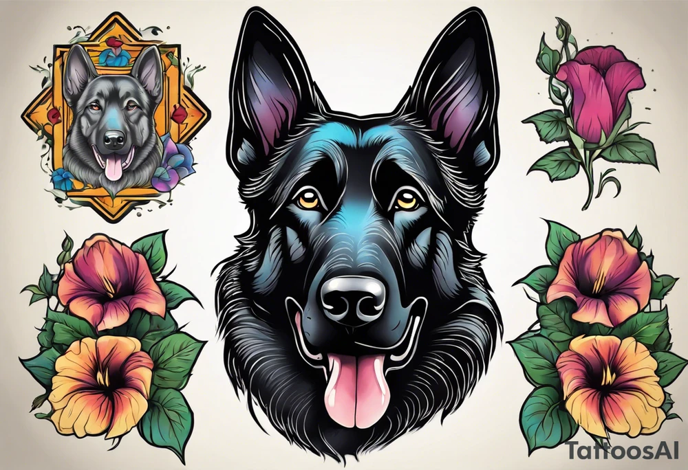 Black German shepherd portrait brightly colored with morning glory tattoo idea