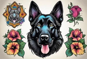 Black German shepherd portrait brightly colored with morning glory tattoo idea
