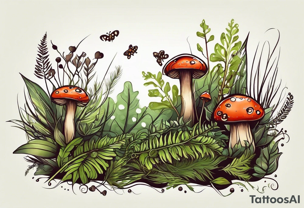 minimalistic forest floor inspired tattoo, which includes grass, moss, curly ferns and dead leaves as the bulk of the tattoo. details to include: forest berries, couple of very small brown mushrooms, a tiny bumblebee flying nearby tattoo idea