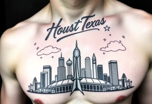 Houston texas skyline Behind houston astrodome, stars nighttime stars and clouds, Houston cursive in sky, Houston Astros star,fill in smoke stars in space, H rockets, tattoo idea