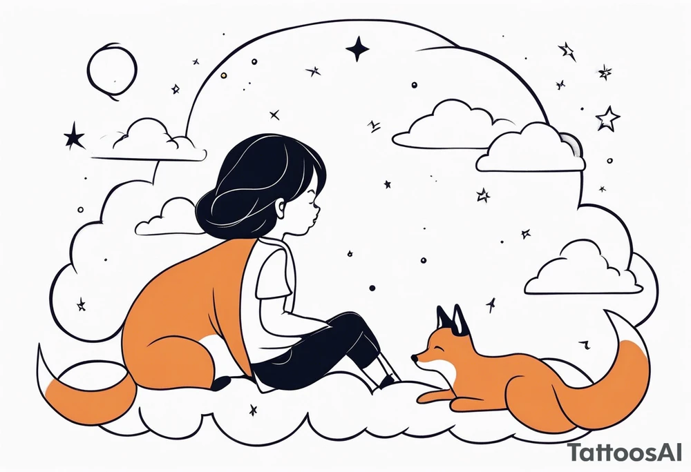 little girl with a fox sitting back side by side on a cloud and look at the stars tattoo idea