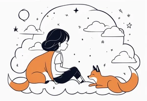 little girl with a fox sitting back side by side on  a cloud and look at the stars tattoo idea
