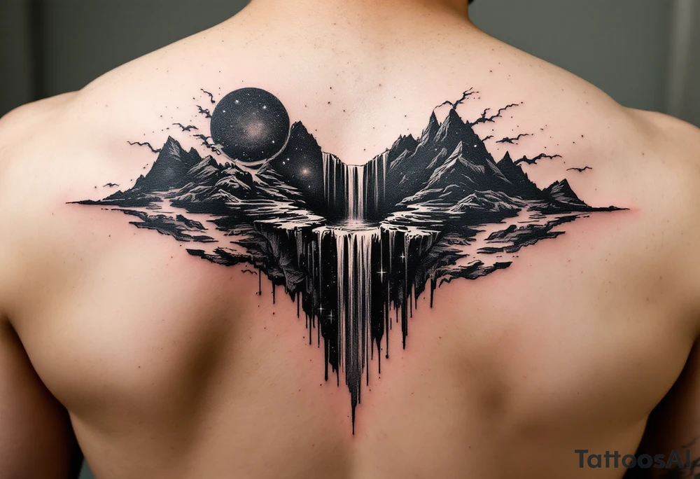 Black universe that forms into a waterfall tattoo idea