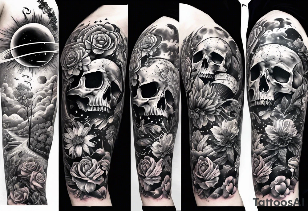 sleeve tattoo including science, skulls, roller coaster track, space and stars, flowers tattoo idea