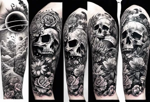 sleeve tattoo including science, skulls, roller coaster track, space and stars, flowers tattoo idea