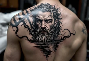 fit poseidon with trident half way in calm water tattoo idea