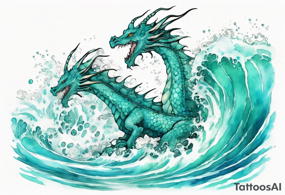 a pretty turquoise sea dragon emerging from an ocean wave, crashing onto the shore tattoo idea