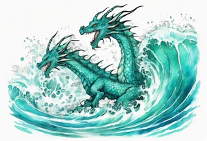 a pretty turquoise sea dragon emerging from an ocean wave, crashing onto the shore tattoo idea