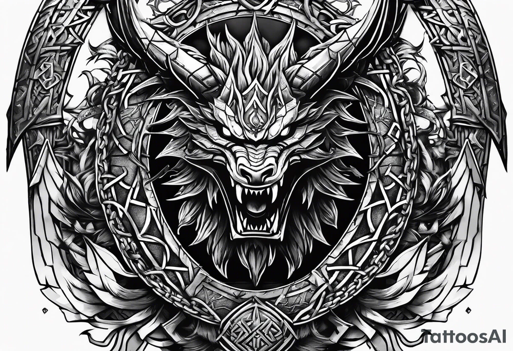 Valhalla sword shield dragon axe Valknut barbed wire chains fire tattoo idea