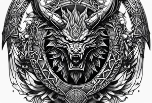 Valhalla sword shield dragon axe Valknut barbed wire chains fire tattoo idea