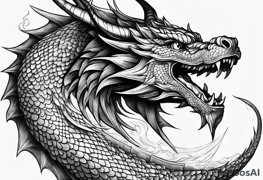 An ornate dragon breathing fire, with intricate scales and a fierce expression, symbolizing power and protection.” tattoo idea