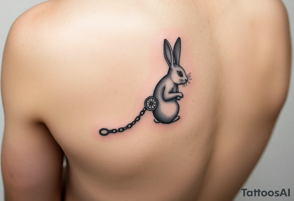 Small tattoo on the left forearm of a rabbit going down the rabbit hole with a compass dragging behind him attached to a chainbthat hooks around the rabbit tattoo idea