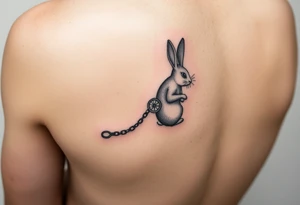 Small tattoo on the left forearm of a rabbit going down the rabbit hole with a compass dragging behind him attached to a chainbthat hooks around the rabbit tattoo idea