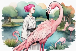 a nonbinary person with pink hair wearing a rainbow medieval robe standing next to a single flamingo near a pond tattoo idea