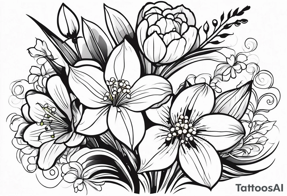Bouquet 
with 1 snowdrop 2 carnations 1 rose 1 lily of the valley 1 daffodil 1 peony tattoo idea