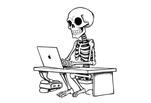 skeleton working at a desk with a laptop tattoo idea